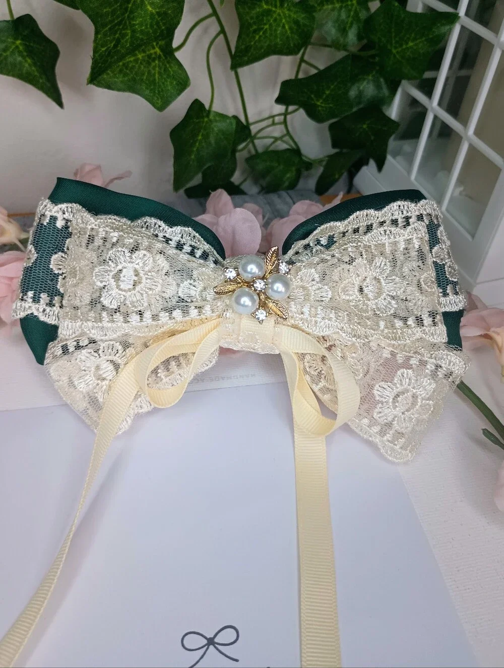 Elegant Cream Lace Hair Bow with Pearls🎀✨